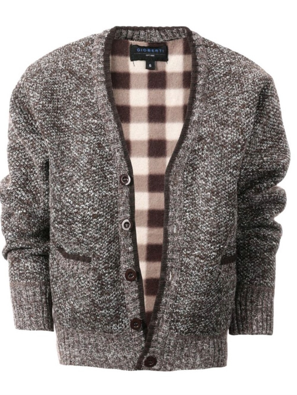 Kids Brown Marled Button-Up Cardigan with Plaid Fleece Lining